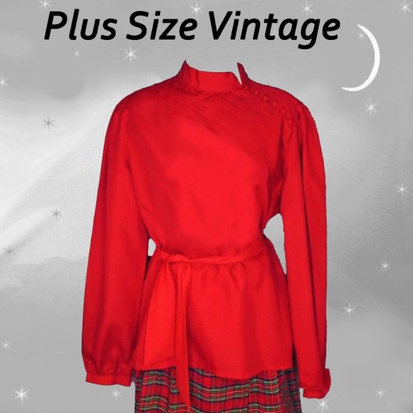 Vintage Tops - Plus Size Vintage Red Blouse, 70s Long Sleeve Top With Tie Belt VFG
